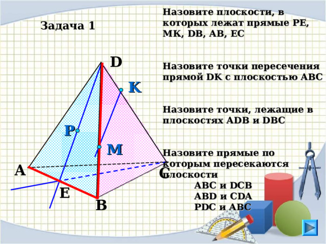Назовите плоскости, в которых лежат прямые РЕ, МК, DB , AB , EC   Назовите точки пересечения прямой DK с плоскостью АВС   Назовите точки, лежащие в плоскостях А DB и DBC   Назовите прямые по которым пересекаются плоскости  АВС и DCB  ABD и CDA  PDC и ABC    Задача 1 D K P M Л.С. Атанасян. Геометрия 10-11. № 8. На кнопку « i » нажмите несколько раз.  A C  E B 17 