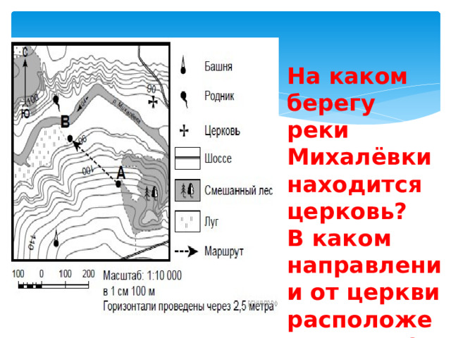 На каком берегу реки Михалёвки находится церковь? В каком направлении от церкви расположен родник? 