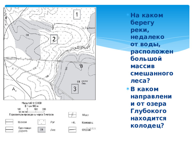 На каком берегу реки, недалеко от воды, расположен большой массив смешанного леса? В каком направлении от озера Глубокого находится колодец? 
