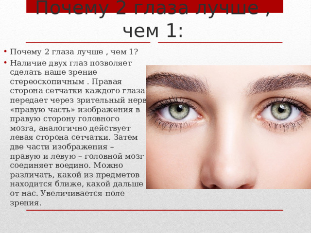 Почему 2 глаза лучше , чем 1: Почему 2 глаза лучше , чем 1? Наличие двух глаз позволяет сделать наше зрение стереоскопичным . Правая сторона сетчатки каждого глаза передает через зрительный нерв «правую часть» изображения в правую сторону головного мозга, аналогично действует левая сторона сетчатки. Затем две части изображения – правую и левую – головной мозг соединяет воедино. Можно различать, какой из предметов находится ближе, какой дальше от нас. Увеличивается поле зрения. 
