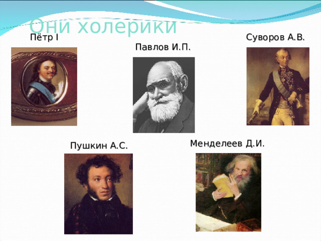 Они холерики Суворов А.В.  Пётр I Павлов И.П. Менделеев Д.И. Пушкин А.С. 
