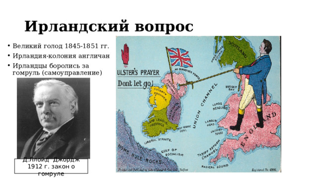 Ирландский вопрос Великий голод 1845-1851 гг. Ирландия-колония англичан Ирландцы боролись за гомруль (самоуправление) Д.Ллойд Джордж 1912 г. закон о гомруле 