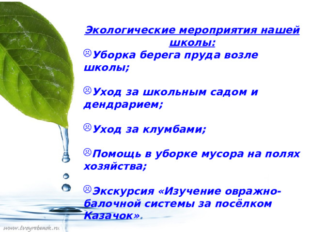 Экологические мероприятия нашей школы: Уборка берега пруда возле школы;  Уход за школьным садом и дендрарием;  Уход за клумбами;  Помощь в уборке мусора на полях хозяйства;  Экскурсия «Изучение овражно-балочной системы за посёлком Казачок» . 