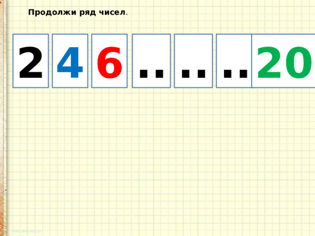 Продолжи ряд чисел . 2 4 6 .. .. .. 20 