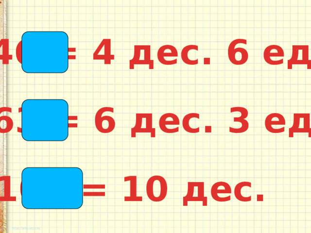 46 = 4 дес. 6 ед. 63 = 6 дес. 3 ед. 100 = 10 дес. 