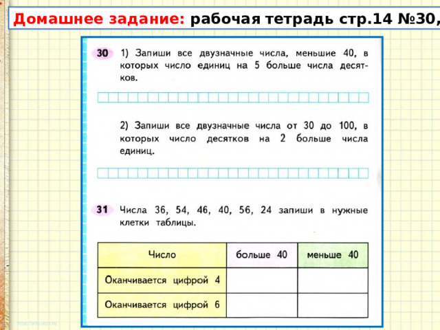 Домашнее задание: рабочая тетрадь стр.14 №30,31 