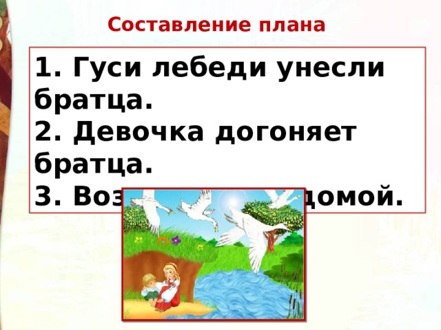 Составление плана 1. Гуси лебеди унесли братца. 2. Девочка догоняет братца. 3. Возвращение домой. 1. 2. 3.  