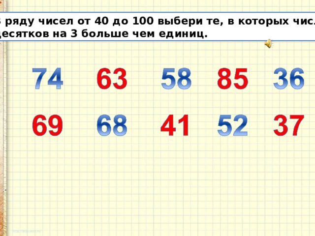 В ряду чисел от 40 до 100 выбери те, в которых число десятков на 3 больше чем единиц. 
