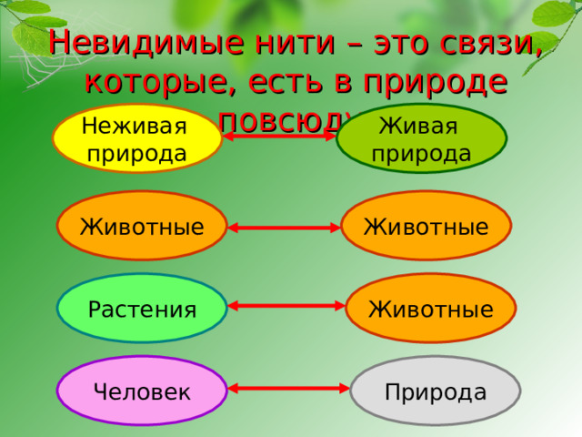 Невидимые нити – это связи, которые, есть в природе повсюду. Неживая природа Живая природа Животные Животные Растения Животные Человек Природа 
