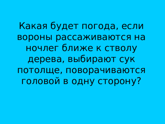 Какая будет погода, если вороны рассаживаются на ночлег ближе к стволу дерева, выбирают сук потолще, поворачиваются головой в одну сторону? 