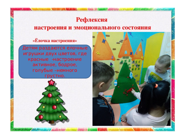 Детям раздаются елочные игрушки двух цветов, где красные -настроение активное, бодрое, голубые –немного грустно. 
