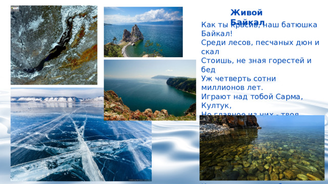 Живой Байкал Как ты красив, наш батюшка Байкал!   Среди лесов, песчаных дюн и скал   Стоишь, не зная горестей и бед   Уж четверть сотни миллионов лет.   Играют над тобой Сарма, Култук,  Но главное из них - твоя вода.   Целебных свойств ее не перечесть,   И тайная в ней святость тоже есть.   Отведаешь водицы не спеша,   И чище станет у тебя душа. 