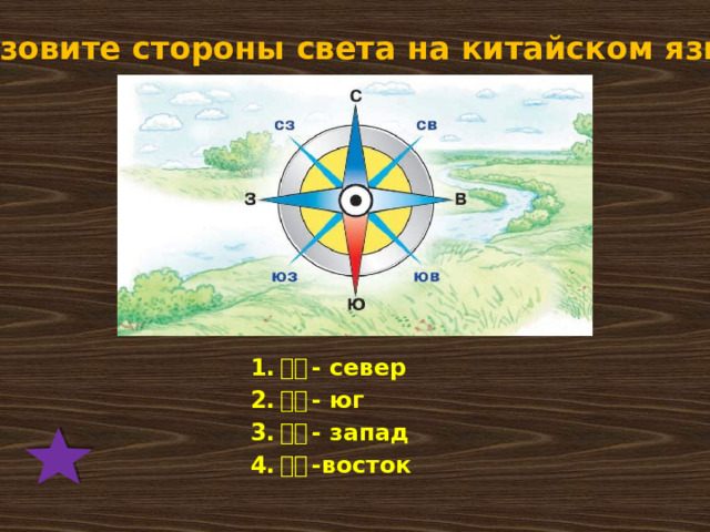 Назовите стороны света на китайском языке 北边 - север 南边 - юг 西边 - запад 东边 -восток 