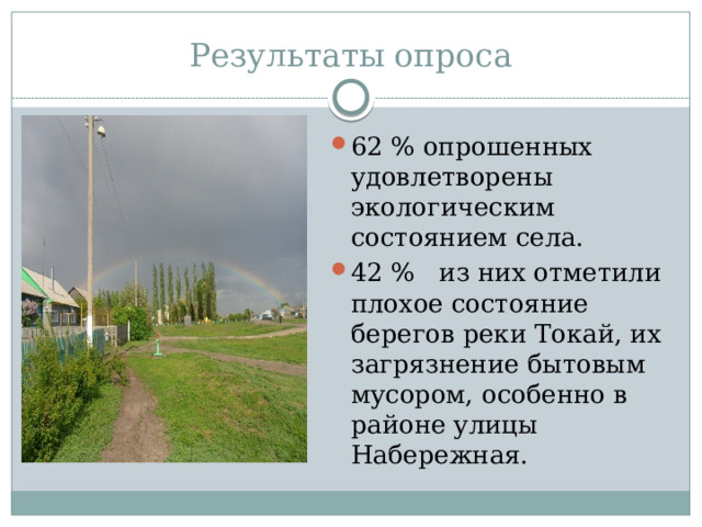 Результаты опроса 62 % опрошенных удовлетворены экологическим состоянием села. 42 % из них отметили плохое состояние берегов реки Токай, их загрязнение бытовым мусором, особенно в районе улицы Набережная. 