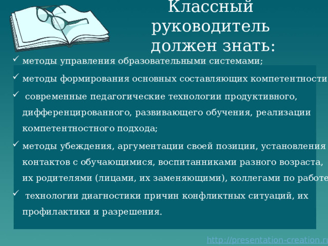 Классный руководитель  должен знать: методы управления образовательными системами; методы формирования основных составляющих компетентности;  современные педагогические технологии продуктивного, дифференцированного, развивающего обучения, реализации компетентностного подхода; методы убеждения, аргументации своей позиции, установления контактов с обучающимися, воспитанниками разного возраста, их родителями (лицами, их заменяющими), коллегами по работе;  технологии диагностики причин конфликтных ситуаций, их профилактики и разрешения.  