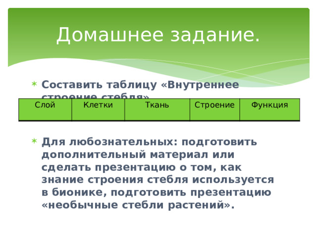 Домашнее задание. Составить таблицу «Внутреннее строение стебля»   Для любознательных: подготовить дополнительный материал или сделать презентацию о том, как знание строения стебля используется в бионике, подготовить презентацию «необычные стебли растений».  Слой Клетки Ткань Строение Функция 