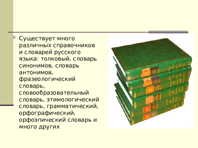 Существует много различных справочников и словарей русского языка: толковый, словарь синонимов, словарь антонимов, фразеологический словарь, словообразовательный словарь, этимологический словарь, грамматический, орфографический, орфоэпический словарь и много других 
