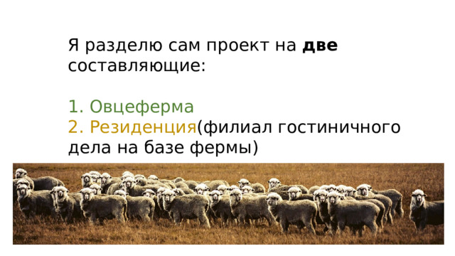 Я разделю сам проект на две составляющие:  Овцеферма 2. Резиденция (филиал гостиничного дела на базе фермы) 