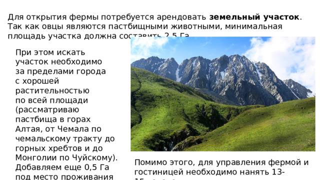 Для открытия фермы потребуется арендовать земельный участок . Так как овцы являются пастбищными животными, минимальная площадь участка должна составить 2,5 Га. При этом искать участок необходимо за пределами города с хорошей растительностью по всей площади (рассматриваю пастбища в горах Алтая, от Чемала по чемальскому тракту до горных хребтов и до Монголии по Чуйскому). Добавляем еще 0,5 Га под место проживания персонала и гостей. Помимо этого, для управления фермой и гостиницей необходимо нанять 13-15 человек . 