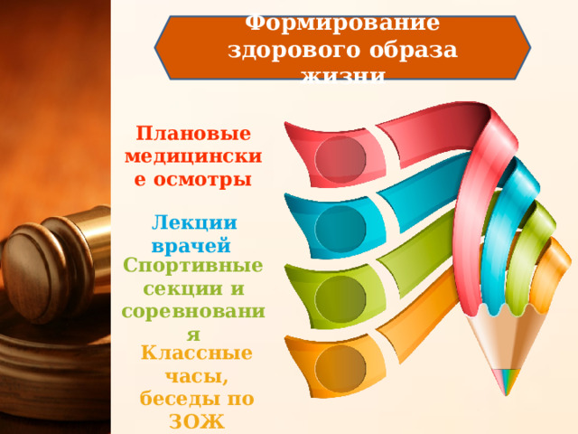 Формирование здорового образа жизни Плановые медицинские осмотры Лекции врачей Спортивные секции и соревнования Классные часы, беседы по ЗОЖ 