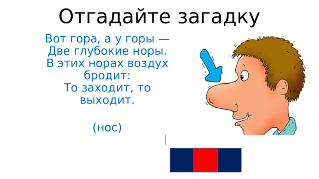 Отгадайте загадку Вот гора, а у горы —  Две глубокие норы.  В этих норах воздух бродит:  То заходит, то выходит.  (нос) 