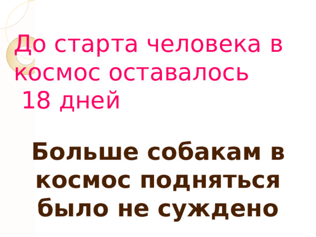 До старта человека в космос оставалось  18 дней Больше собакам в космос подняться было не суждено 