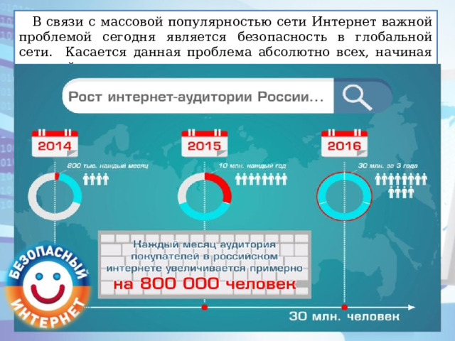В связи с массовой популярностью сети Интернет важной проблемой сегодня является безопасность в глобальной сети. Касается данная проблема абсолютно всех, начиная от детей и заканчивая пенсионерами. 