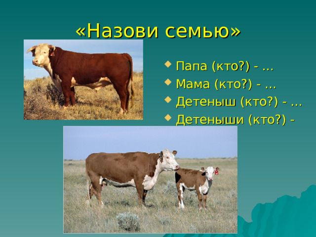 «Назови семью» Папа (кто?) - … Мама (кто?) - … Детеныш (кто?) - … Детеныши (кто?) - …  