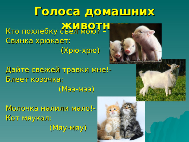 Голоса домашних животных Кто похлебку съел мою? – Свинка хрюкает:  (Хрю-хрю) Дайте свежей травки мне!- Блеет козочка:  (Мээ-мээ) Молочка налили мало!- Кот мяукал:  (Мяу-мяу) 