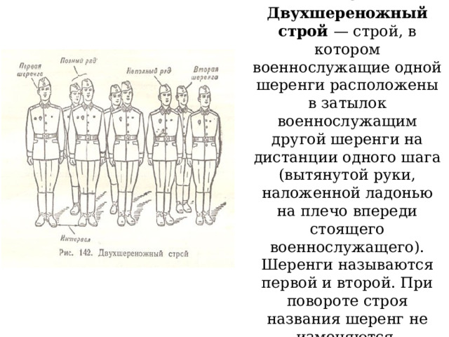 10  Двухшереножный строй — строй, в котором военнослужащие одной шеренги расположены в затылок военнослужащим другой шеренги на дистанции одного шага (вытянутой руки, наложенной ладонью на плечо впереди стоящего военнослужащего). Шеренги называются первой и второй. При повороте строя названия шеренг не изменяются. 