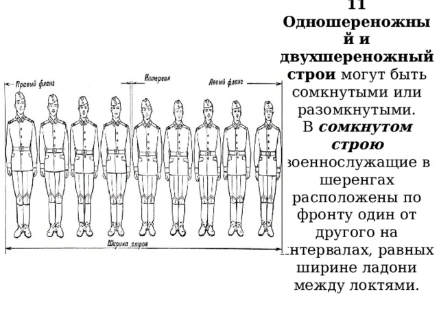 11  Одношереножный и двухшереножный строи могут быть сомкнутыми или разомкнутыми.  В сомкнутом строю военнослужащие в шеренгах расположены по фронту один от другого на интервалах, равных ширине ладони между локтями.    