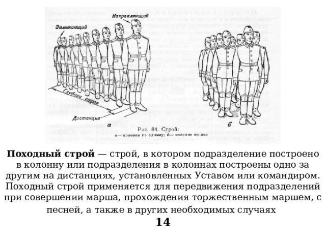     Походный строй — строй, в котором подразделение построено в колонну или подразделения в колоннах построены одно за другим на дистанциях, установленных Уставом или командиром.  Походный строй применяется для передвижения подразделений при совершении марша, прохождения торжественным маршем, с песней, а также в других необходимых случаях    14    