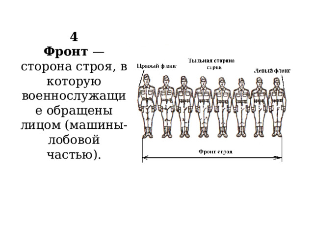 4  Фронт — сторона строя, в которую военнослужащие обращены лицом (машины-лобовой частью).   