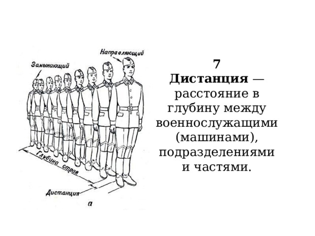7  Дистанция — расстояние в глубину между военнослужащими (машинами), подразделениями и частями.   