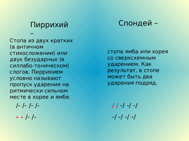  Спондей – Пиррихий – Стопа из двух кратких (в античном стихосложении) или двух безударных (в силлабо-тоническом) слогов. Пиррихием условно называют пропуск ударения на ритмически сильном месте в хорее и ямбе. стопа ямба или хорея со сверхсхемным ударением. Как результат, в стопе может быть два ударения подряд. /- /- /- /- / / -/ -/ -/ - - /- /- -/ -/ -/ -/ 