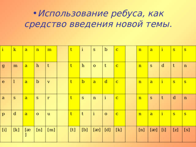 Использование ребуса, как средство введения новой темы . i k g  a m e l n a a  a h s m p b d t a [i] t v [k] s a i t r o [ æ ] s t h [n] u b b [m] o t c s a t t d n t [t] c n [b] i c i a n c [ æ ] o s i [d] n c a s d n [k] i s s t n s a t [n] n [ æ ] s d i s n [i] [z] s [s] 