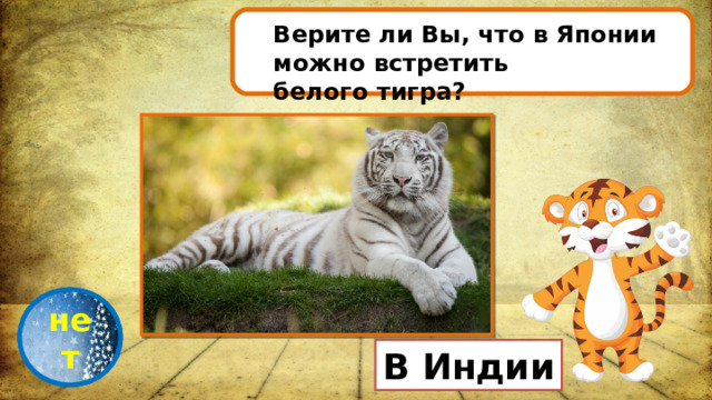 Верите ли Вы, что в Японии можно встретить белого тигра? проверка нет В Индии 