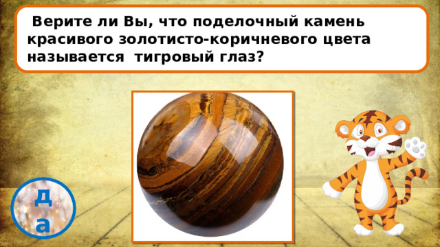   Верите ли Вы, что поделочный камень красивого золотисто-коричневого цвета называется тигровый глаз? проверка да 