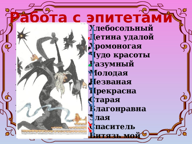 Работа с эпитетами Хлебосольный Детина удалой Хромоногая Чудо красоты Разумный Молодая Незваная Прекрасна Старая Благонравна Злая Спаситель Витязь мой  Царевна  Принц  Царь  Колдунья 