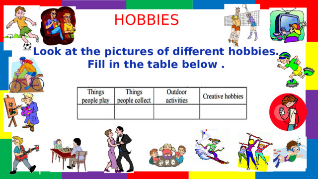 HOBBIES Look at the pictures of different hobbies. Fill in the table below . 