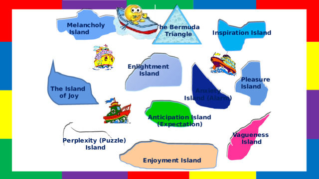 Melancholy  Island The Bermuda Triangle Inspiration Island Enlightment Island Pleasure Island The Island of Joy Anxiety Island (Alarm) Anticipation Island (Expectation) Vagueness Island Perplexity (Puzzle) Island Enjoyment Island 