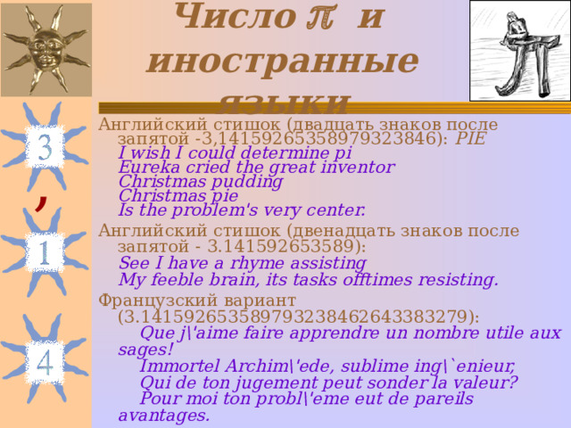 Число   и  иностранные языки Английский стишок (двадцать знаков после запятой -3,14159265358979323846): PIE  I wish I could determine pi  Eureka cried the great inventor  Christmas pudding  Christmas pie  Is the problem's very center. Английский стишок (двенадцать знаков после запятой - 3.141592653589):  See I have a rhyme assisting  My feeble brain, its tasks offtimes resisting. Французский вариант (3.141592653589793238462643383279):      Que j\'aime faire apprendre un nombre utile aux sages!      Immortel Archim\'ede, sublime ing\`enieur,      Qui de ton jugement peut sonder la valeur?      Pour moi ton probl\'eme eut de pareils avantages.  , 