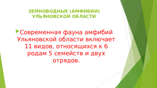 ЗЕМНОВОДНЫЕ (АМФИБИИ) УЛЬЯНОВСКОЙ ОБЛАСТИ   Современная фауна амфибий Ульяновской области включает 11 видов, относящихся к 6 родам 5 семейств и двух отрядов.   