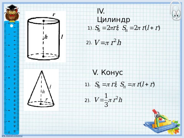   IV. Цилиндр 1). 2). V. Конус  1). 2). 