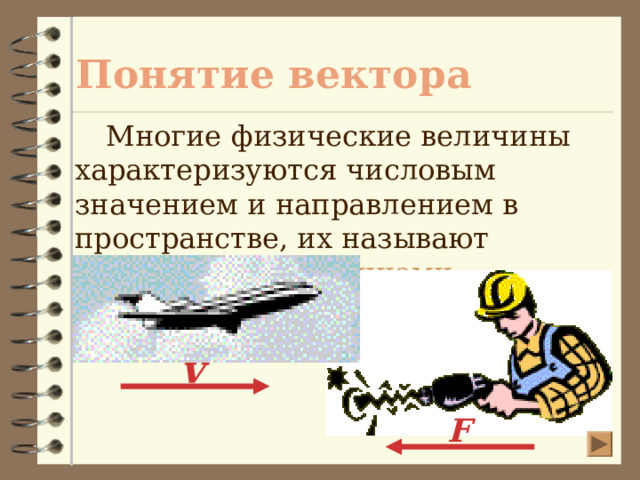 Понятие вектора Многие физические величины характеризуются числовым значением и направлением в пространстве, их называют векторными величинами v F 3 