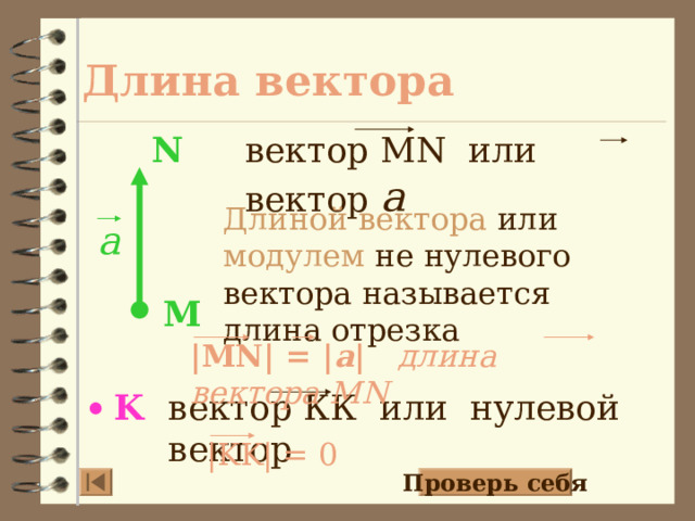 Длина  вектора вектор MN или вектор а N Длиной вектора или модулем не нулевого вектора называется длина отрезка a M |MN| = | a | длина вектора MN K вектор КК  или нулевой вектор |KK| = 0 Проверь себя 7 