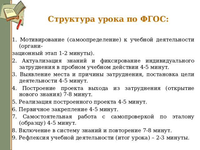 Структура урока по ФГОС: 1. Мотивирование (самоопределение) к учебной деятельности (органи- зационный этап 1-2 минуты). 2. Актуализация знаний и фиксирование индивидуального затруднения в пробном учебном действии 4-5 минут. 3. Выявление места и причины затруднения, постановка цели деятельности 4-5 минут. 4. Построение проекта выхода из затруднения (открытие нового знания) 7-8 минут. 5. Реализация построенного проекта 4-5 минут. 6. Первичное закрепление 4-5 минут. 7. Самостоятельная работа с самопроверкой по эталону (образцу) 4-5 минут. 8. Включение в систему знаний и повторение 7-8 минут. 9. Рефлексия учебной деятельности (итог урока) – 2-3 минуты. 