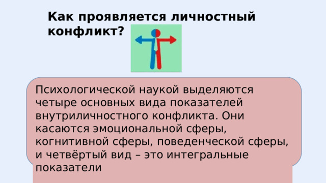 Как проявляется личностный конфликт? Психологической наукой выделяются четыре основных вида показателей внутриличностного конфликта. Они касаются эмоциональной сферы, когнитивной сферы, поведенческой сферы, и четвёртый вид – это интегральные показатели 