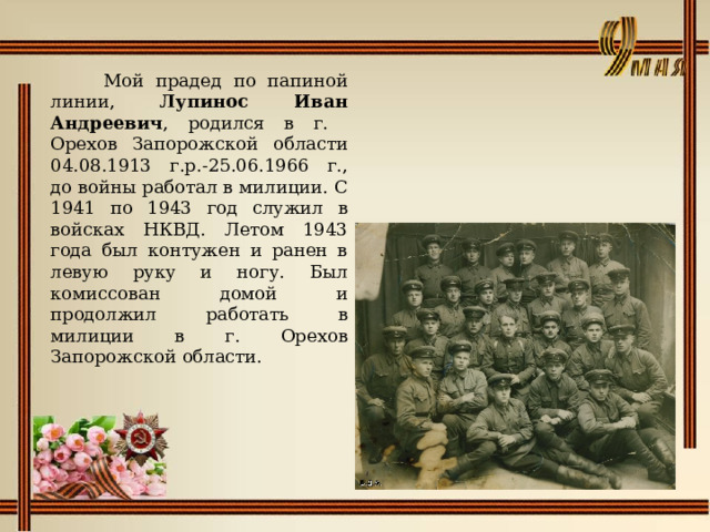  Мой прадед по папиной линии, Лупинос Иван Андреевич , родился в г. Орехов Запорожской области 04.08.1913 г.р.-25.06.1966 г., до войны работал в милиции. С 1941 по 1943 год служил в войсках НКВД. Летом 1943 года был контужен и ранен в левую руку и ногу. Был комиссован домой и продолжил работать в милиции в г. Орехов Запорожской области. 