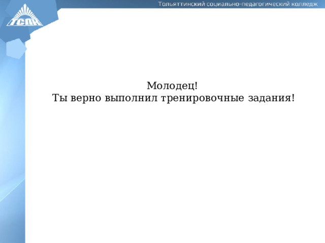 Молодец!  Ты верно выполнил тренировочные задания! 